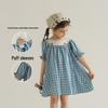 Girls' Retro Plaid Puff Sleeve French Princess Dress