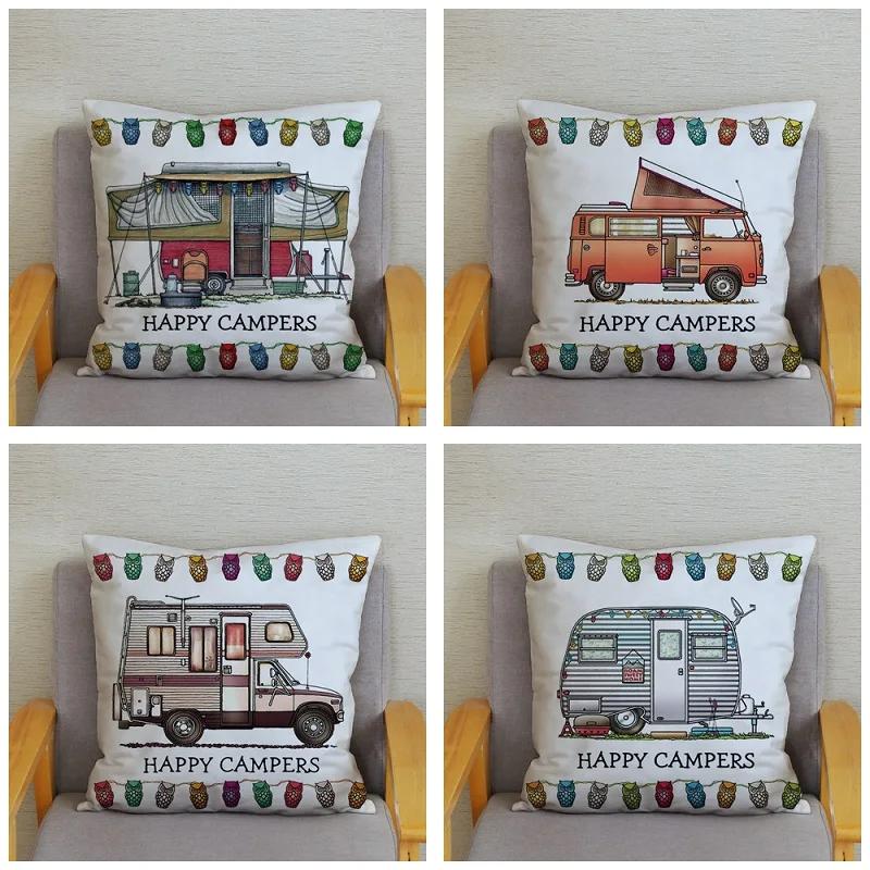 45X45Cm Happy Campers Owl Motorhome Print Pillow Case Soft Polyester Sofa Car Seat/Back Cushion Cover For Home Decor Pillowcases
