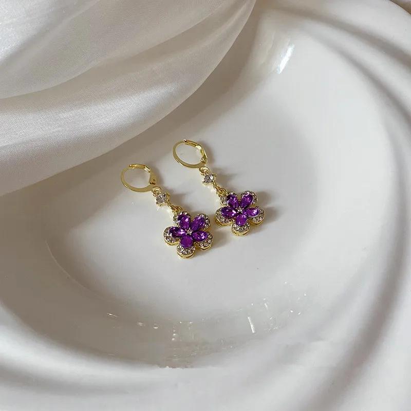 Exquisite Purple Zircon Flower Pendant Earrings For Women Fashionable Personalized Daily Accessory Party Jewelry Birthday Gifts
