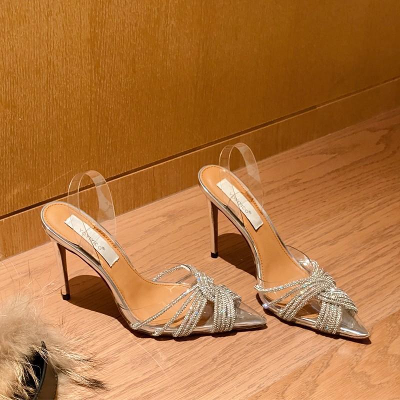 Sandals women's autumn 2025 new high heels thin heel pointed head rhinestone temperament transparent crystal shoes wedding shoes