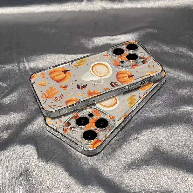 Pumpkin Coffee Autumn Leaves Print Phone Case for iPhone 17 16 15 14 13 12 11 16E Series Pro Max Plus