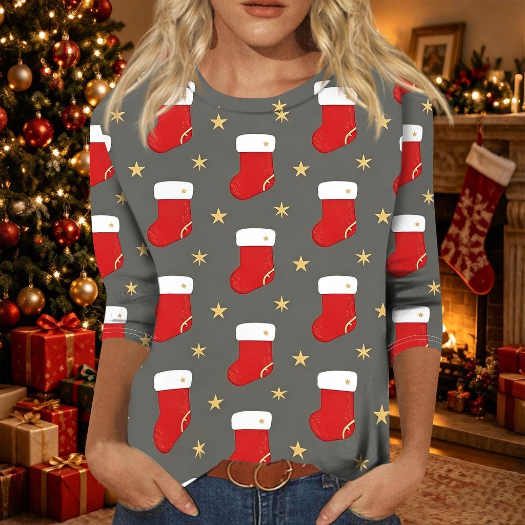 Women's Casual Three-Quarter Sleeve Christmas Print Round Neck Top
