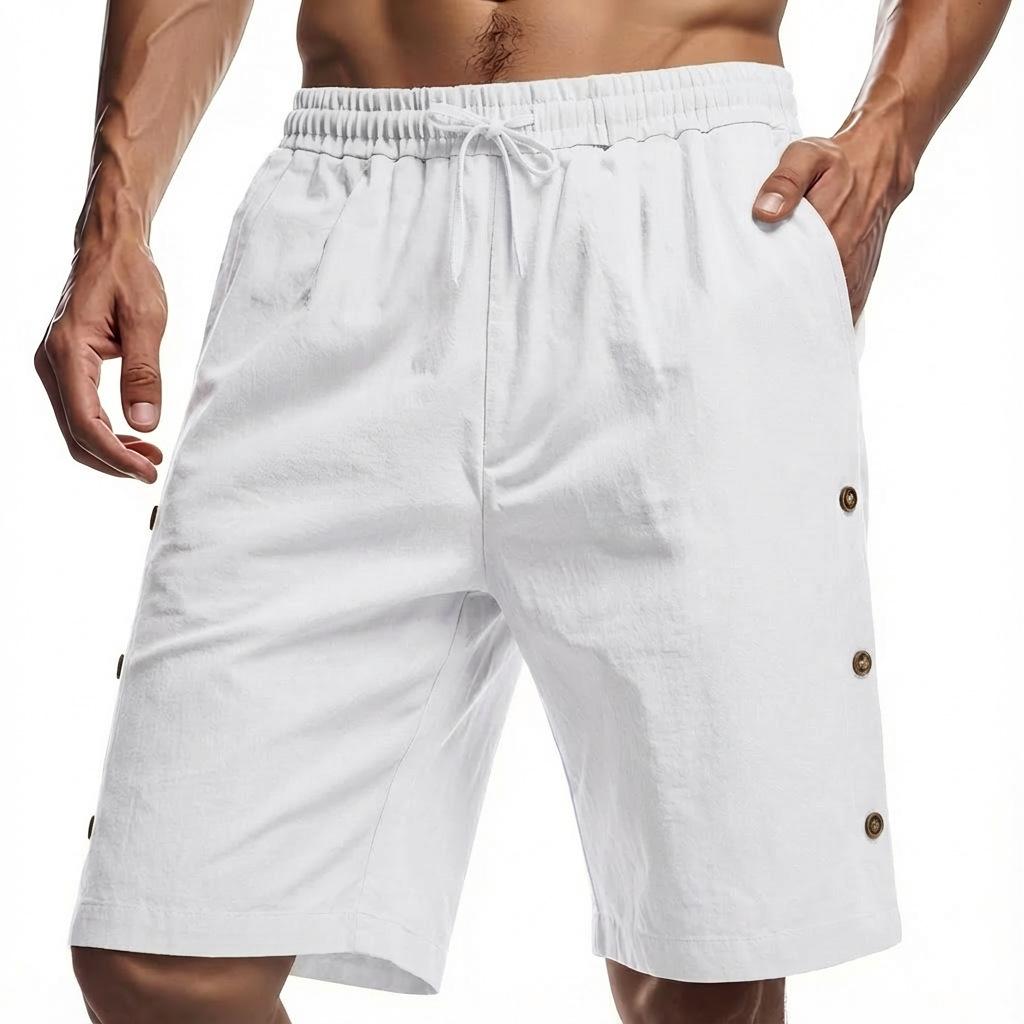 

2026 Summer Solid Color Men s Loose American Cotton-Linen Beach Casual Button-Up Shorts S белый