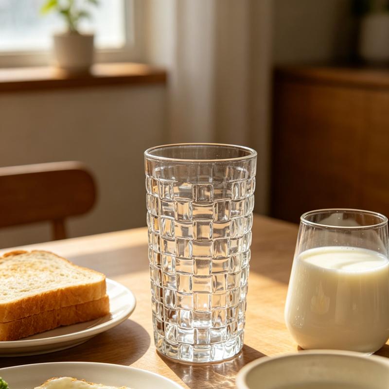 Comfortable Home Life 300Ml Embossed Grid Pattern Glass Cup Transparent Water Tumbler Thickened Highball Glass For Juice Coffee Tea Home Bar Drinkware