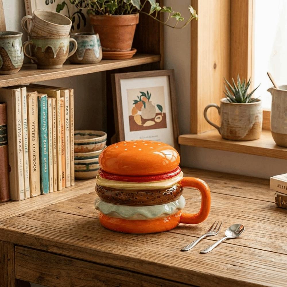 Bright Fun Colors Burger-Shaped Ceramic Mug with Lid Comfortable Grip Hamburger Mug Cartoon 420ml Breakfast Cup Children Gift