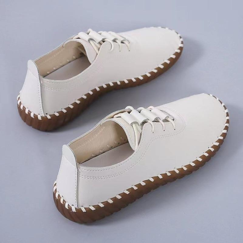 Flache Sneakers für Damen, Frühling, neue handgefertigte Näharbeit, echtes Leder, Kuhmuskel, weiche Unterseite, täglicher Schnürschuh für Damen, Freizeitschuhe