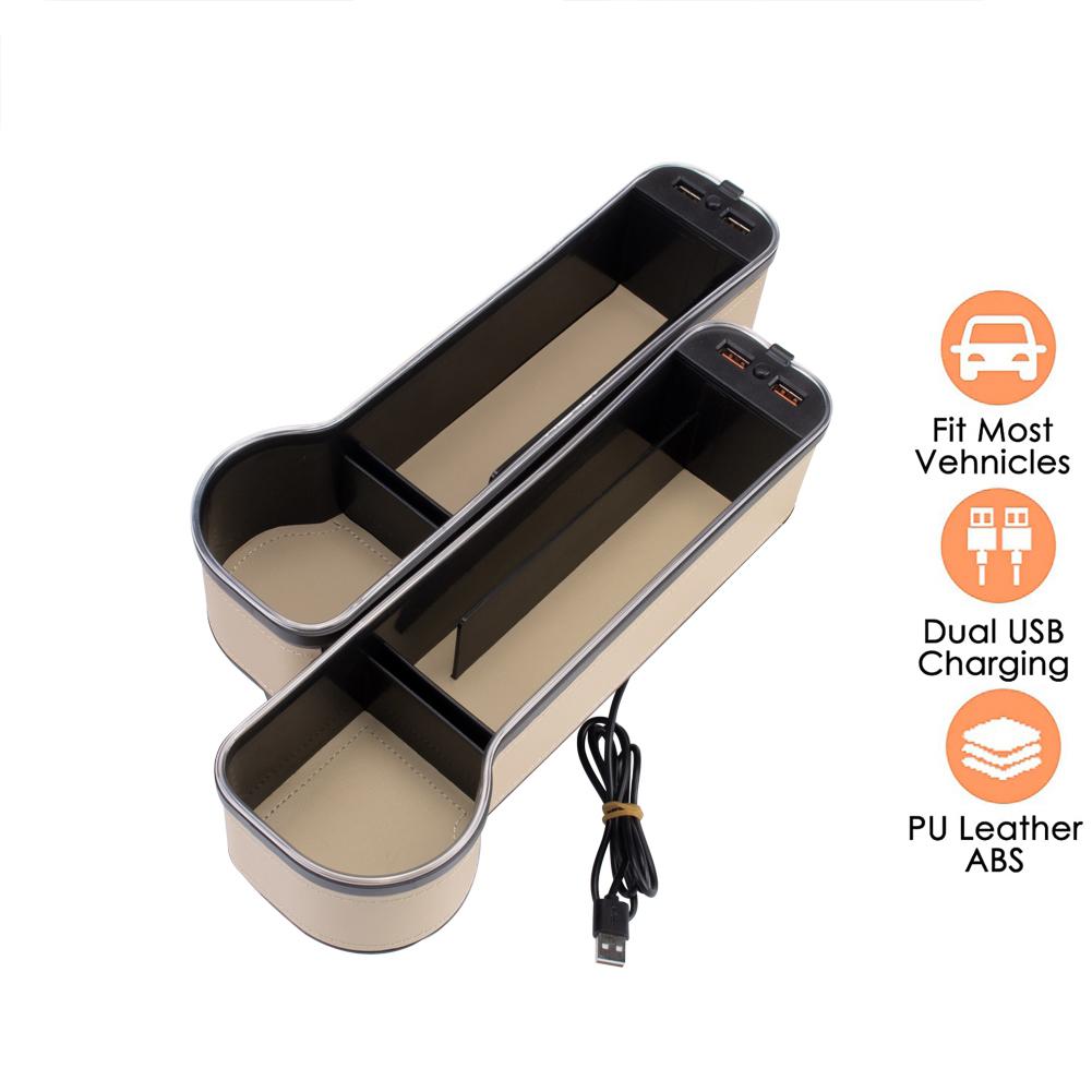 2PCS 3 In 1 Storage Box Set Front Seat Gap Filler Slip Organizer with Twin USB Car Charger Drink Cup Holder Ambient Lights