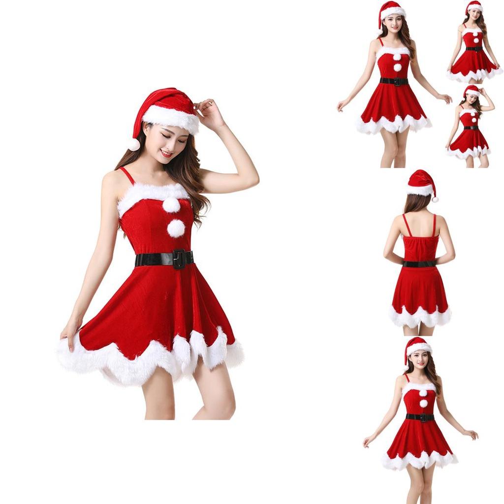 Roter Samt Damen Weihnachtskostüm Mit Weichem Nikolauskleid Und Hut