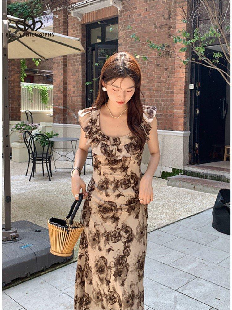 

2023 летнее новое элегантное длинное платье без рукавов во французском стиле с принтом и квадратным воротником для женщин XL коричневый