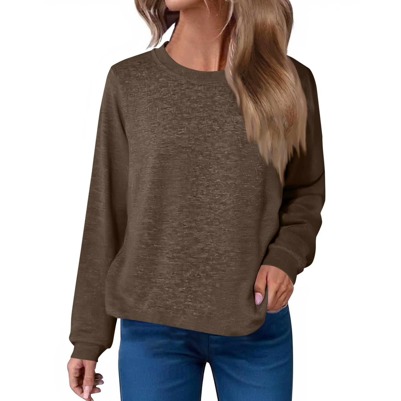 

Женская модная футболка свободного кроя с круглым вырезом, однотонный повседневный топ с длинным рукавом L кофейный