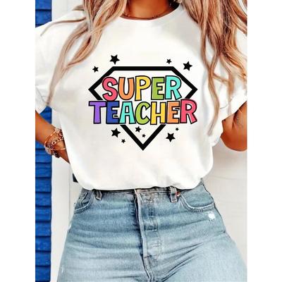 T-shirt Grafica da Donna SUPER TEACHER Girocollo Manica Corta Top Casual Elasticizzato