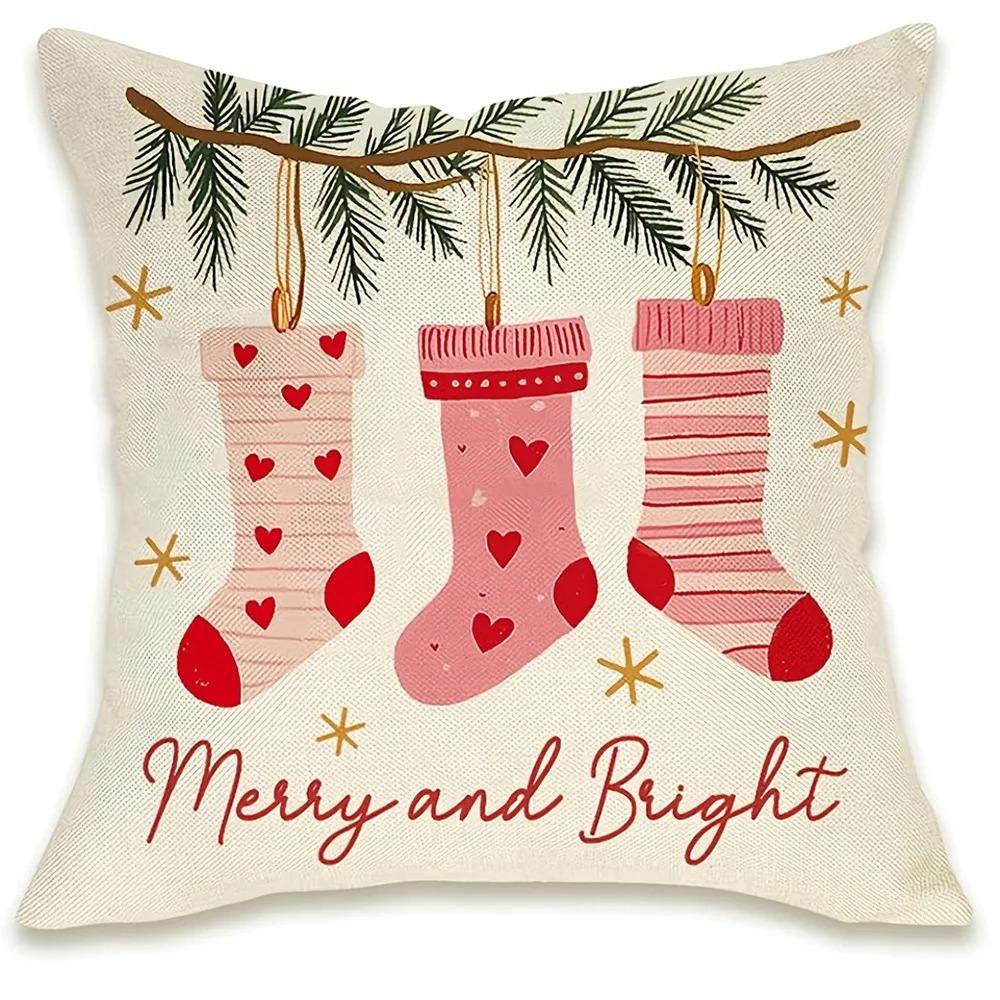 Charming Pink Christmas Pillowcase: Gingerbread House, Trees, Socks And Comfortable Cup Design, Sofa Room Cushion Cover, Home De