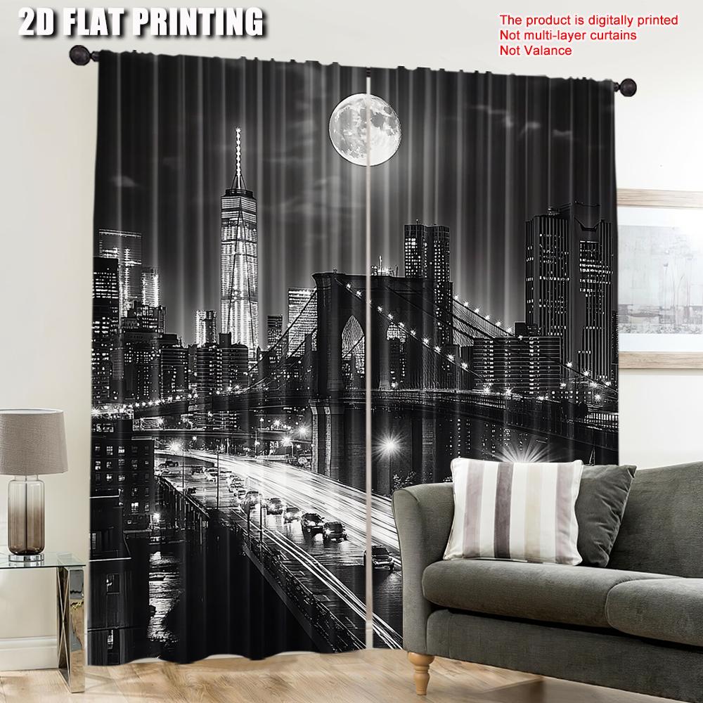 Black White Cursor New York City Night Scene Urban Life Brooklyn Manhattan Suitable Bedroom Living Room Dining Curtains Set Of 2 Made Polyester