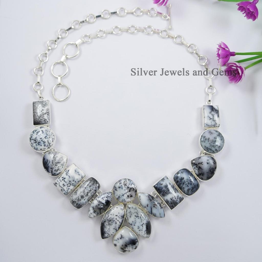 Handmade Dendritic Opal Cluster Necklace, 925 Sterling Silver, Gemstone Jewelry