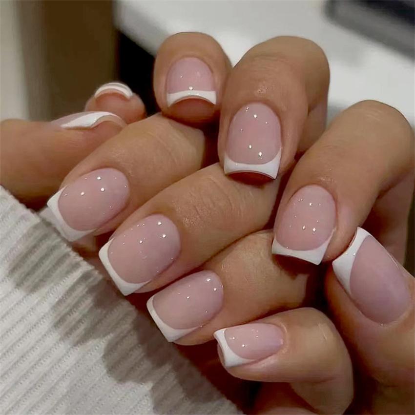24Pcs Short French Press On Nails Pink Glitter Pearlized Fake Nail Tips Cute Natural Sweet