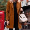 Women Jacket Solid Color Turn-down Collar Single-breasted Long Autumn Blazer for Work