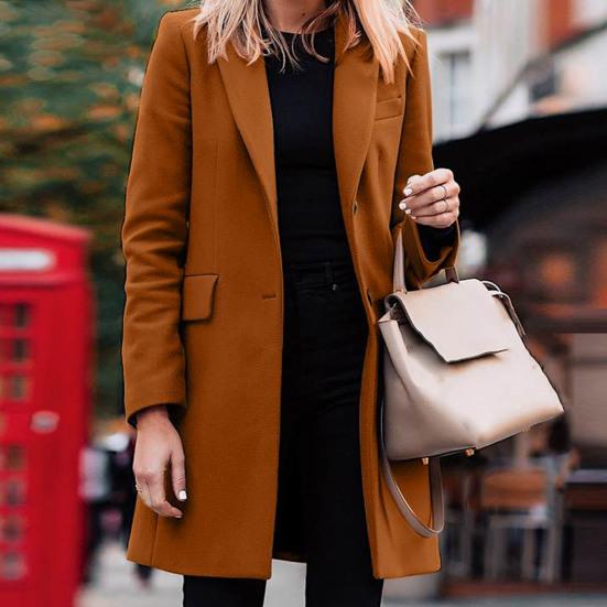 Women Jacket Solid Color Turn-down Collar Single-breasted Long Autumn Blazer for Work