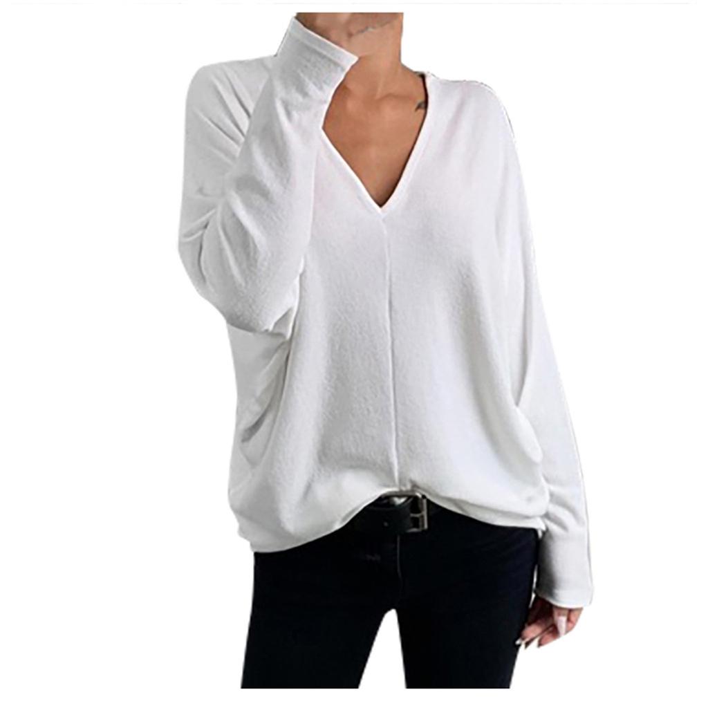 Women Fashion Casual Solid V-Neck Loose Long Sleeve T-shirt Top Blouse Pullover