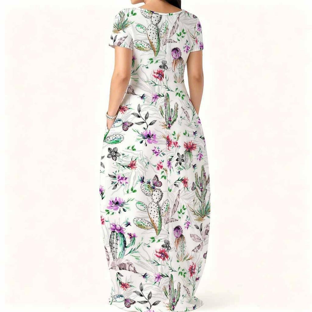 Women Loose Fitting Round Neck Dress Short Sleeve Plus Size Apparel For Summer Casual Daily Activities