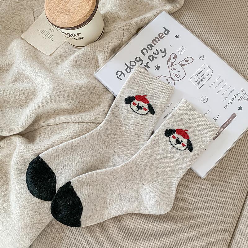 Red Hat Puppy Wool Socks, Thick and Warm Mid-calf Socks, Thick Socks, Cartoon Boneless Socks