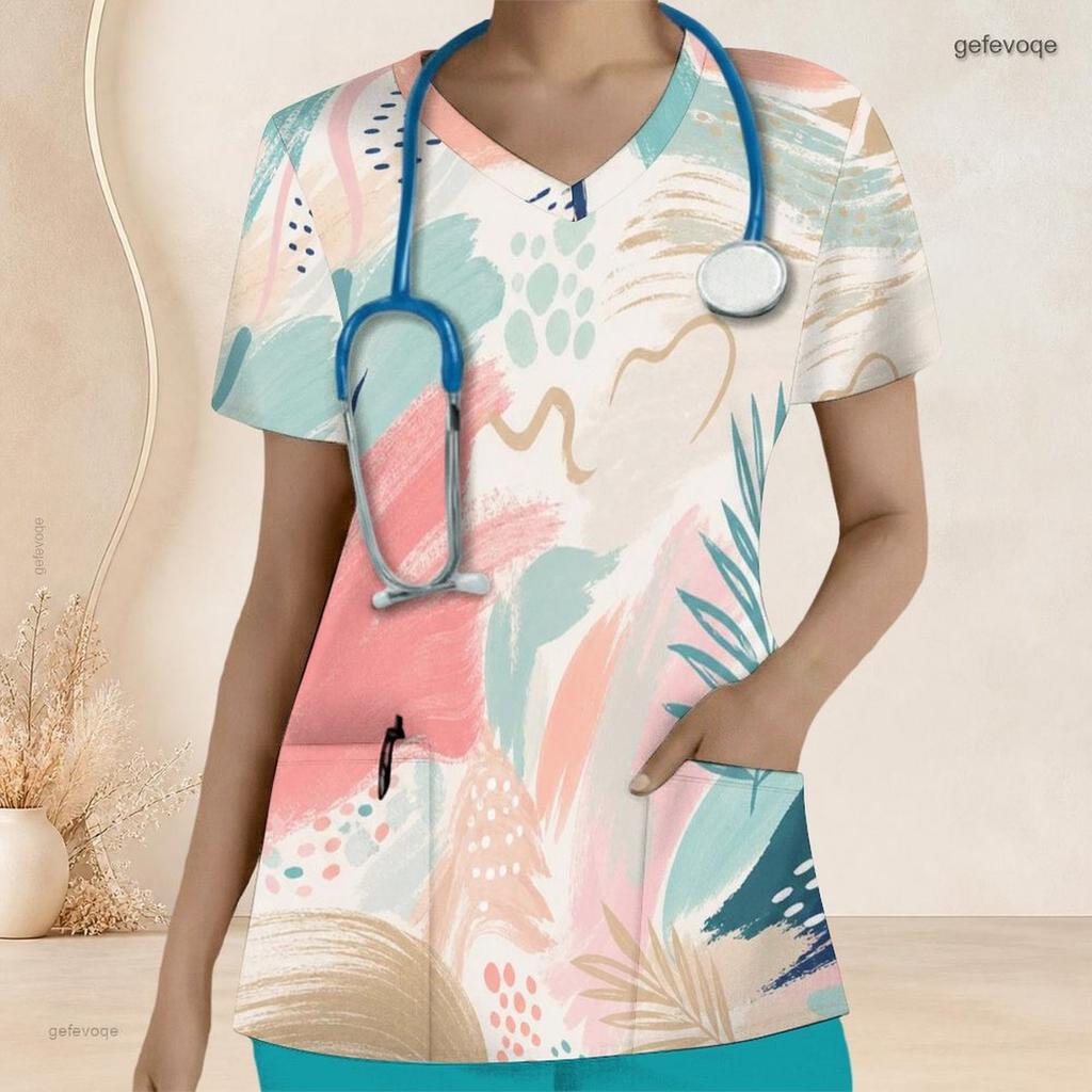 Women Plus Size Geometric Printed Nurse Scrub Top V Neck Short Sleeve With Front Pockets