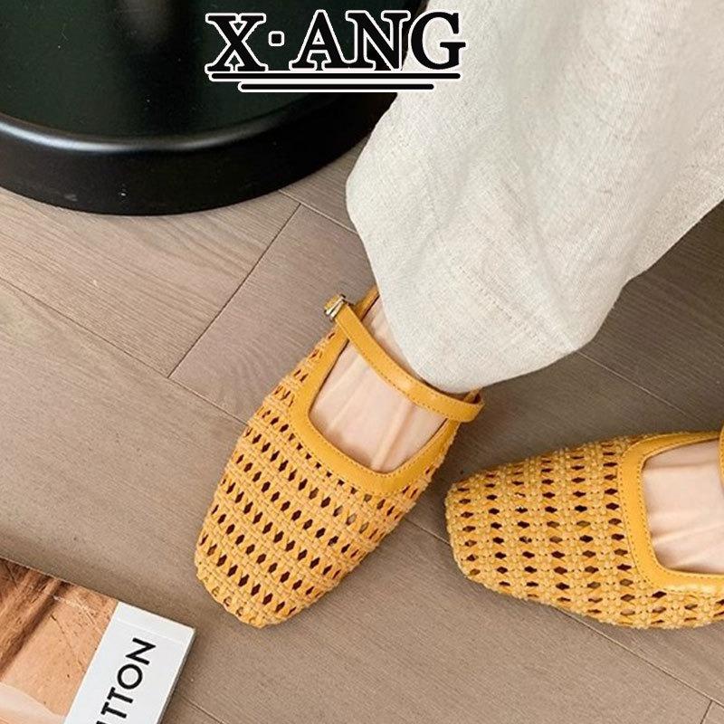 Sheepskin hand-woven hollow bag head Mary Jane slippers women's summer wear with skirt thick heel sandals beach sandals