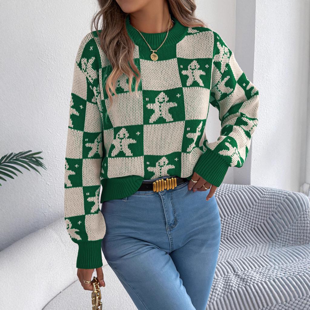 GMXIA Autumn and Winter Snowman Checkered Lantern Long-sleeved Pullover Sweater Women's Christmas
