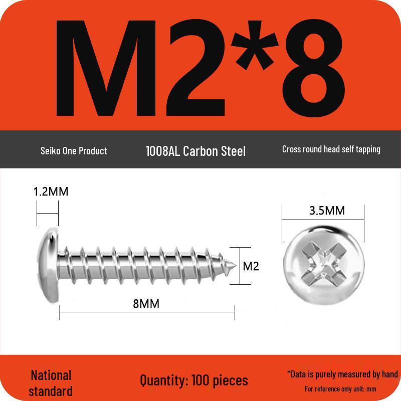 Galvanized Self-Tapping Screws, Round Head, White Zinc, PA Cross Pan, Pointed Tail M1.2-M4