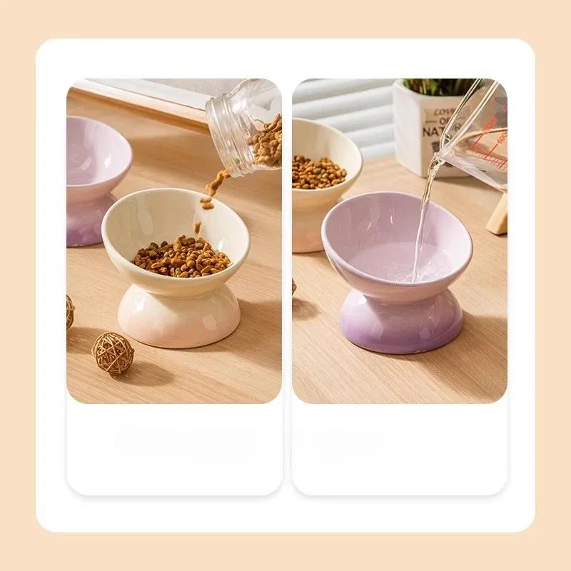 Rainbow Gradient Pet Bowl Ceramic Food Bowl Slanted Mouth Feeders for Cats