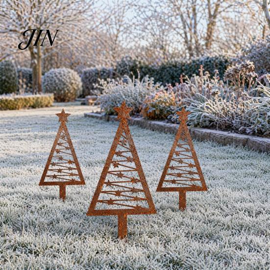 Decorative Ground Stake 3Pcs Rustic Metal Christmas Tree Stake, Weathered Iron Art Xmas Garden Design Sign for Yard Pathway Flower Bed Unique Shape