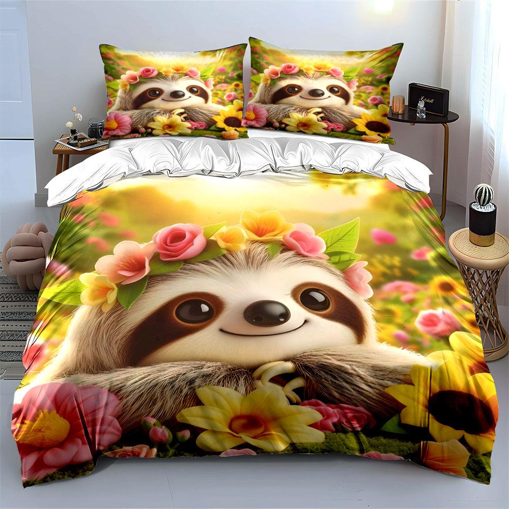Smiling Sloth With Flowers In Sunshine Printed Duvet Cover Set1 Duvet Cover+2 Pillowcasemulti Size Bedroom Bedding Decor