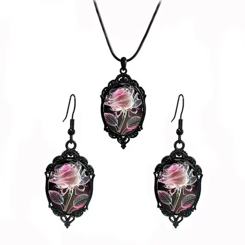 Flower Pattern Black Frame Glass Pendant Earrings, Necklace Set