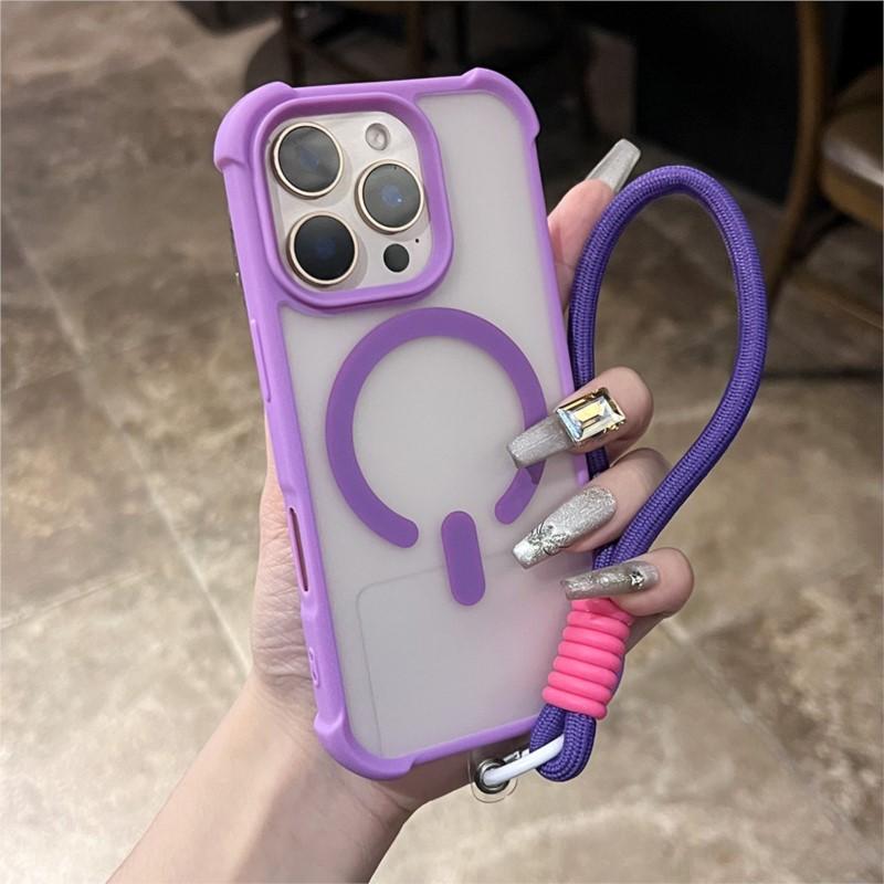 Matte Shockproof Armor For Magsafe Wireless Charge Case for iPhone 16 16E 15 14 Plus 13 12 11 Pro Max Clear Wrist Strap Cover