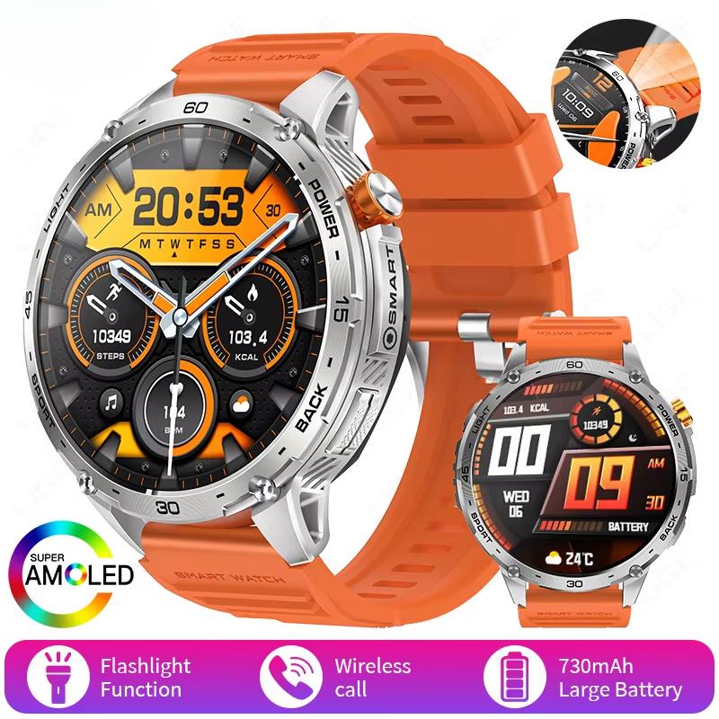 2025 New Military Smart Watch Men 730mAh Large Battery Flashlight AMOLED HD Display 3ATM Waterproof Outdoor Sports Smartwatch