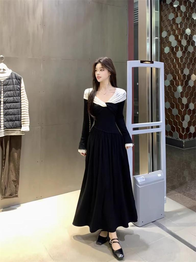 French Style Lace V-Neck Knot Dress: Contrasting Colors, Two-Wear A-Line Skirt for a Chic Autumn/Winter Look
