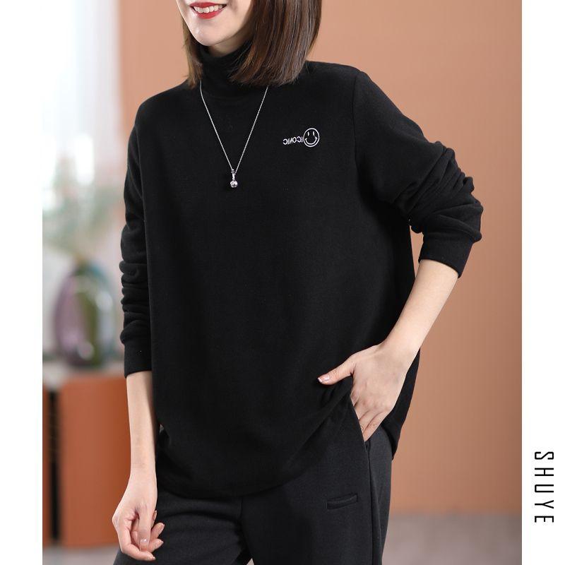 

Женский бархатный топ с высоким воротником, с длинным рукавом, осенне-зимний, повседневный, свободного кроя, универсальный, с вышивкой, из замши, худи L чёрный