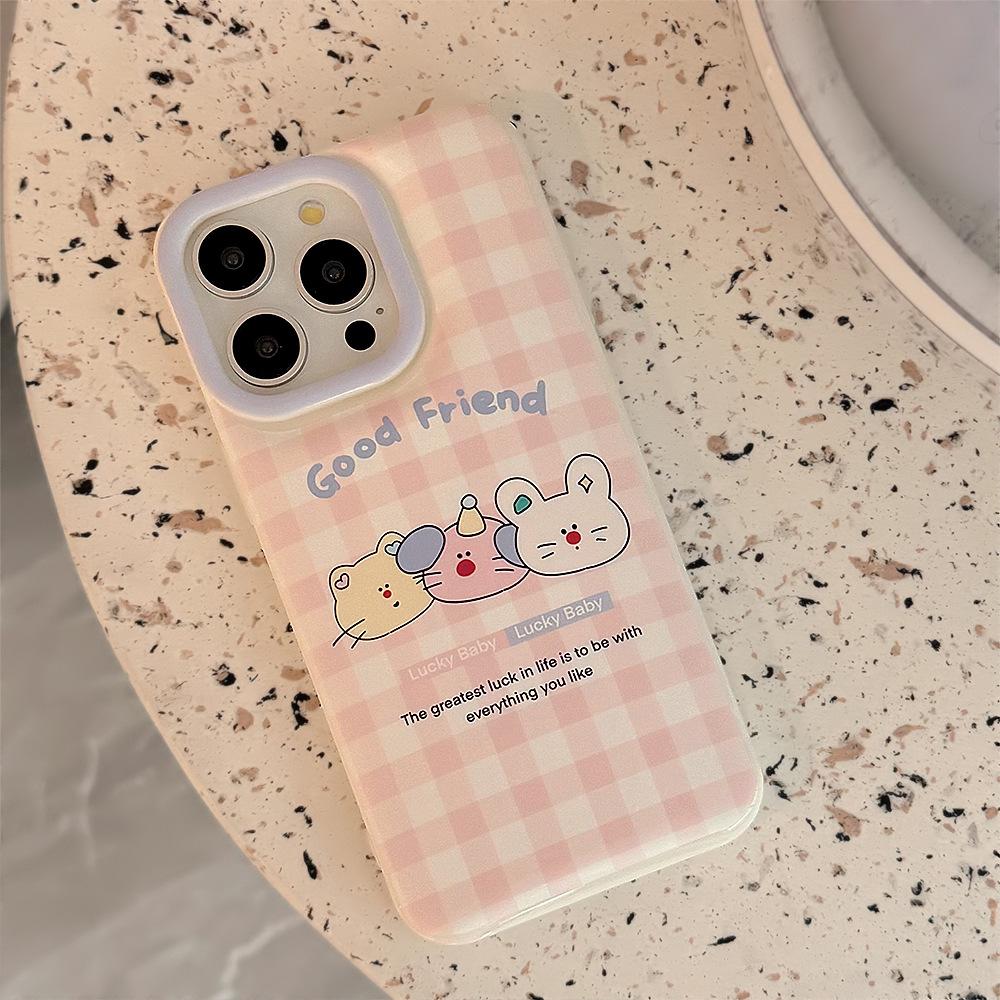 Ins Pink Plaid Animal for Apple 13 Mobile Phone Case for IPhone15 Soft 11 for 14pro Max Anti-fall 16