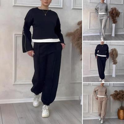 2 Pcs/Set Women Top Pants Suit Round Neck Long Sleeves Contrast Color
