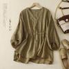 2025 Spring/Summer Women's V-neck Waist-Cinching Cotton Linen Top - Loose, Slimming, Versatile, Five-Sleeve Shirt