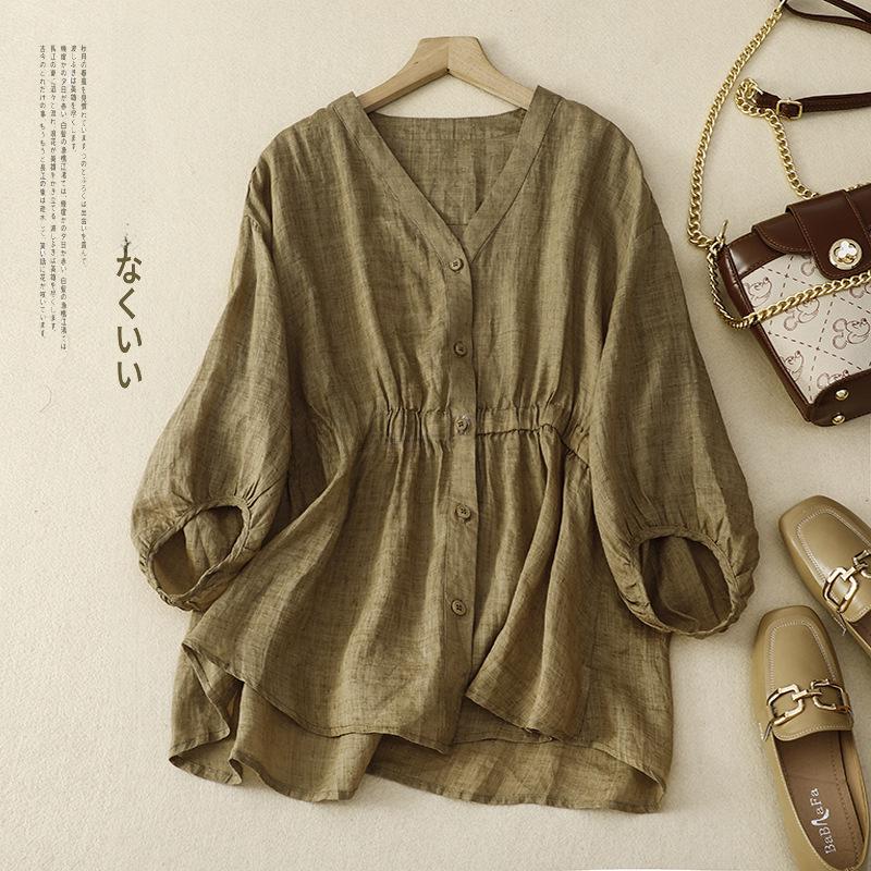 2025 Spring/Summer Women's V-neck Waist-Cinching Cotton Linen Top - Loose, Slimming, Versatile, Five-Sleeve Shirt