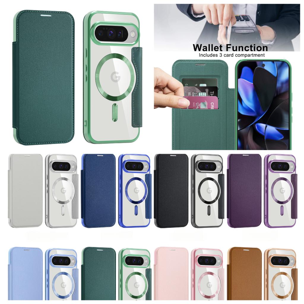 Google Pixel 8 9 10 serisi için. Gold Shield Manyetik İş Deri Kılıf-MagSafe Uyumlu, RFID Engelleme Kart Yuvaları ve Lens Koruması ile