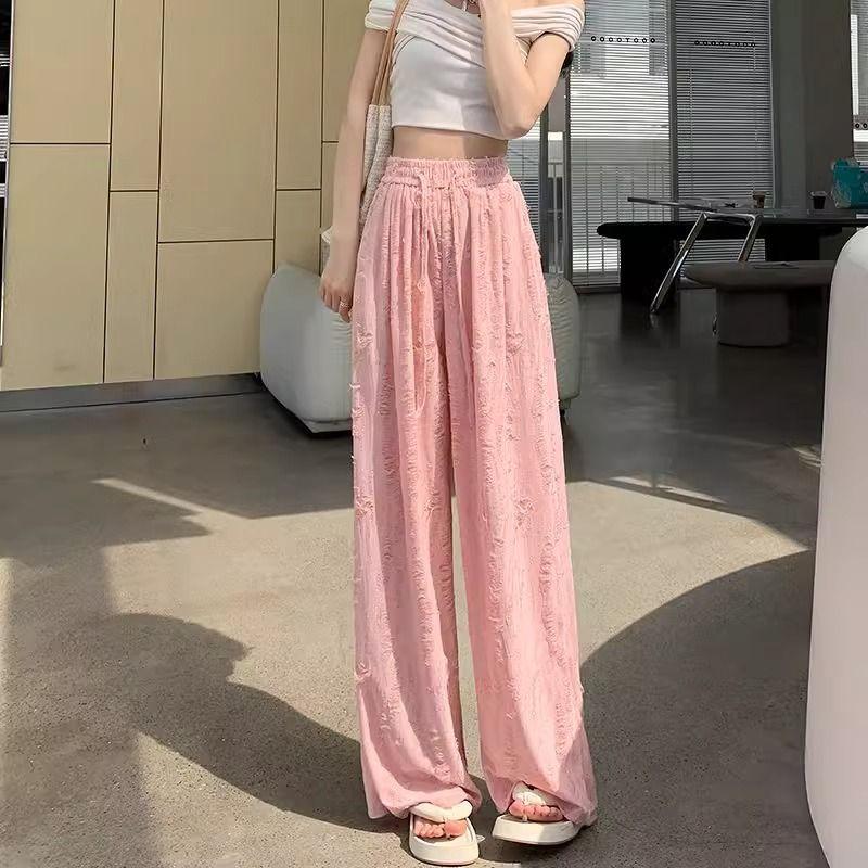 Designer Hot Fix Rhinestone Distressed Casual Wide Leg Pants for Women Floor Length Long Pants Summer Trendy