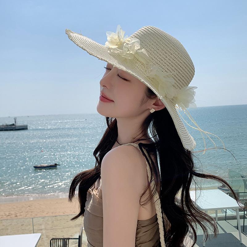 Sweet Breathable Lace Bowknot Straw Hat Adjustable Large Brim Wide Brim Sun Hat Elegant Korean Style Sunshade Cap Girls