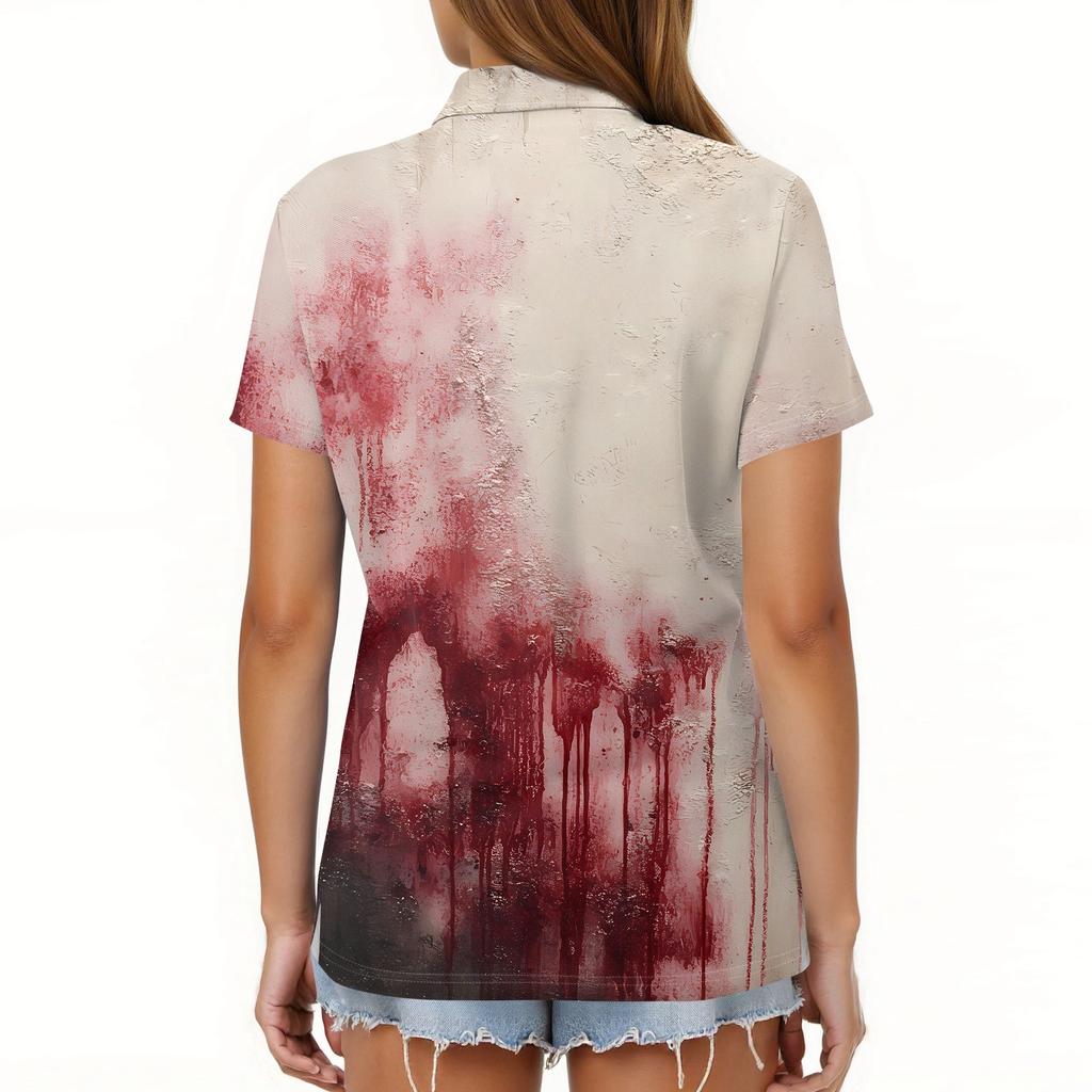 Women's Fashion Casual Lapel Short Sleeve Halloween Print Shirt Women's Button Up Tops