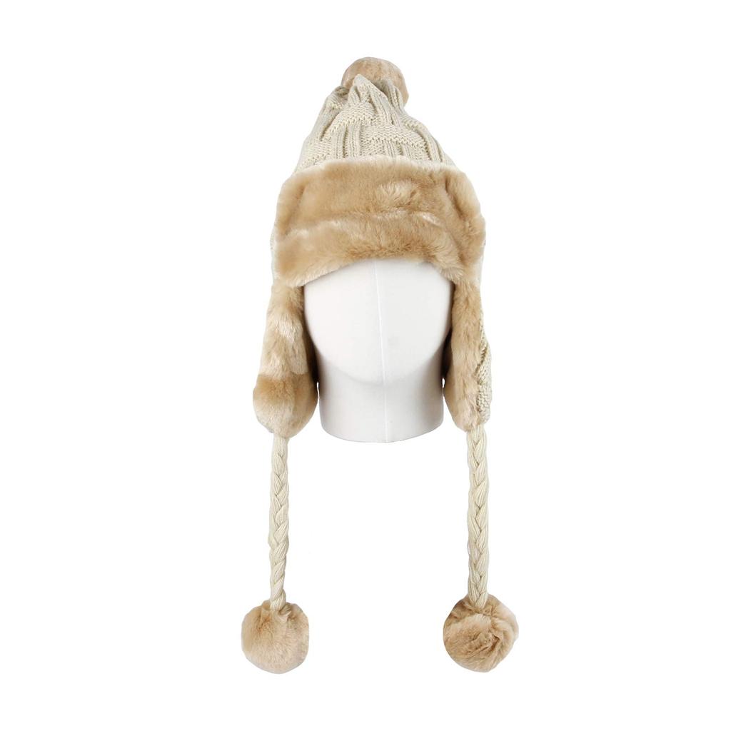 With Moons FZ70022 Warm Winter Knit Hat with Earflaps and Fur Lining (Beige), Pompoms, Woven-Look Design,