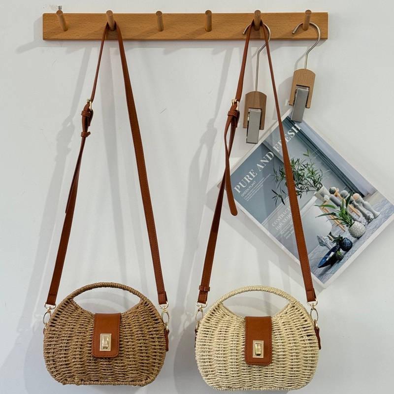 Single-shoulder Bag Fashionable Frame Knitted Hand Paper Rope Simple Curved Leather Buckle Handle Small Round Female