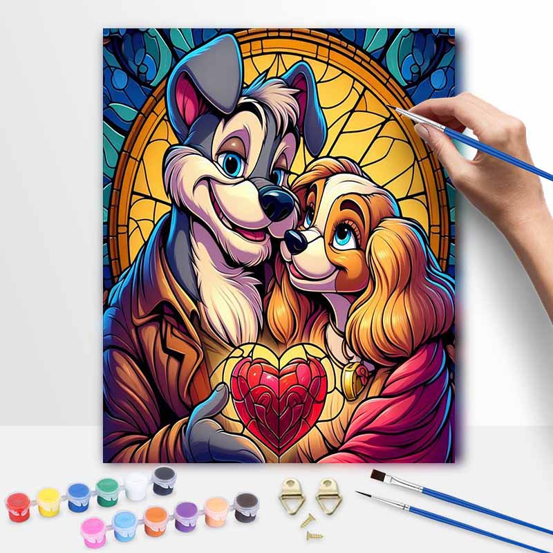 Disney Lady and The Tramp Oil Painting Kit Home Bedroom Wall Decor Handmade Gift Romantic Stained Glass Art Craft Hobby DIY Project Set
