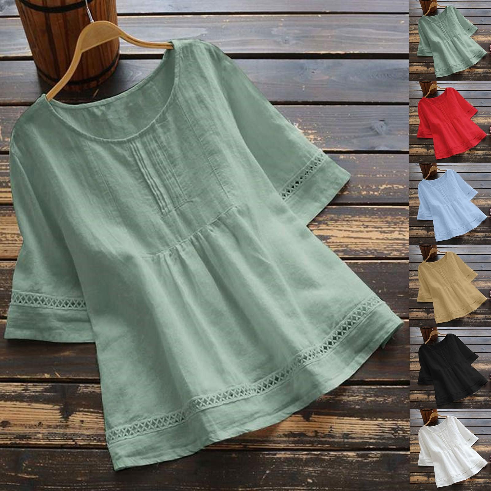 Женская модная повседневная однотонная рубашка из хлопка и конопли с короткими рукавами — фото 3