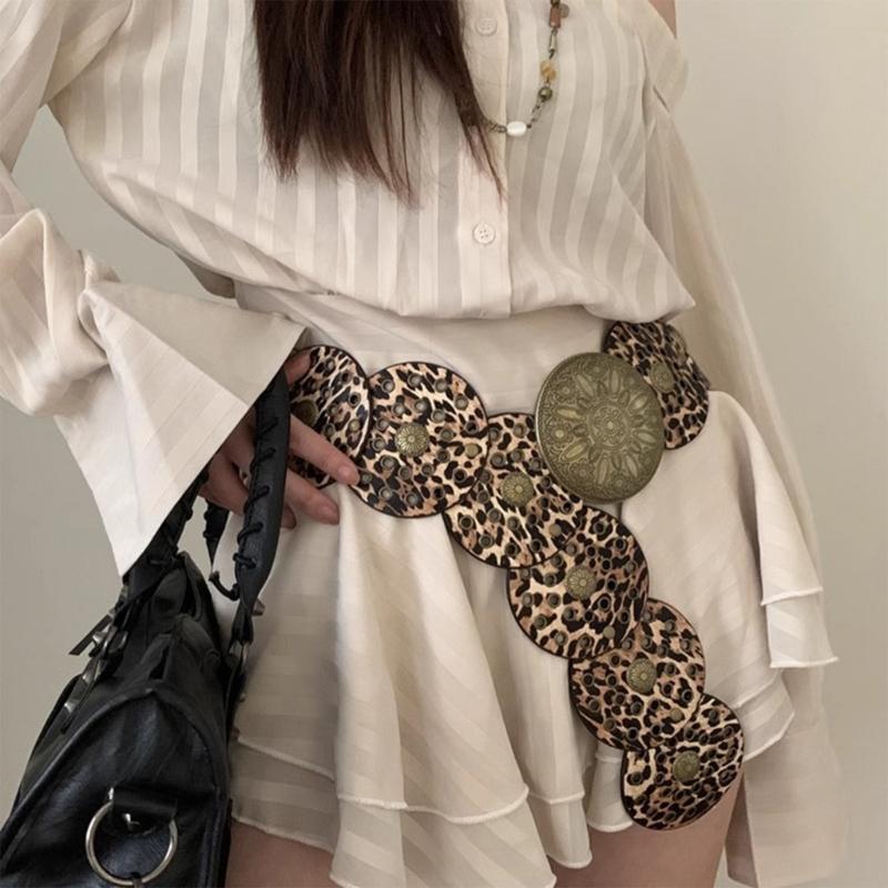 Stylish Leopard Wide Belt for Adult Western Waistband Ethnic PU Leather Embossing Buckle Waiststrap for Formal Dresses