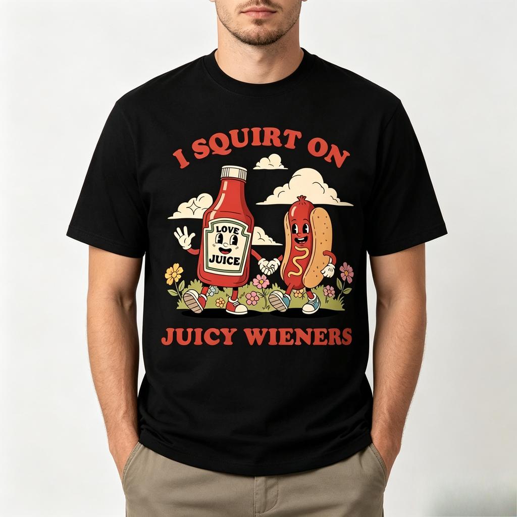 Funny Ketchup Hot Dog Cartoon Graphic T Shirt for Men 100% Cotton Retro Food Print Casual Short Sleeve